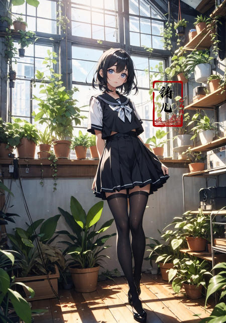 606247209521969378-789417851-Epic CG masterpiece, an anime girl in a room with plants, no shoes, Black transparent pantyhose, pleated skirt, Sailor suit, sai.jpg